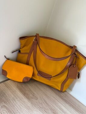 Vintage Dooney & Bourke Yellow Leather Tote with Brown Trim and Matching Pouch